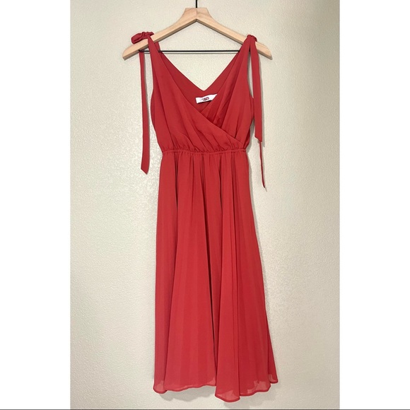 Ali & Jay The Left Bank Pleated Midi Dress XS Rust Tie Sleeve Chiffon - Picture 7 of 11